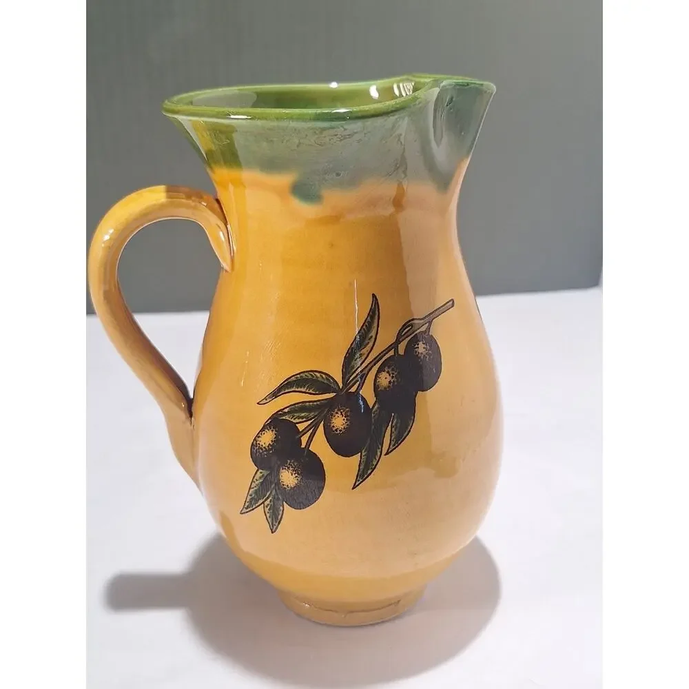 Vintage Hand Thrown Art Pottery Olive Branch Pitcher 7.5